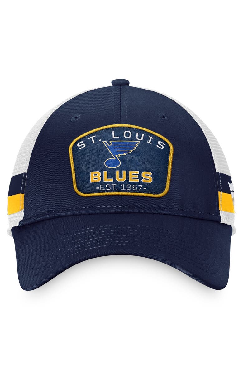 FANATICS Men's Fanatics Branded Navy/White St. Louis Blues Fundamental Striped Trucker Adjustable Hat, Alternate, color, 