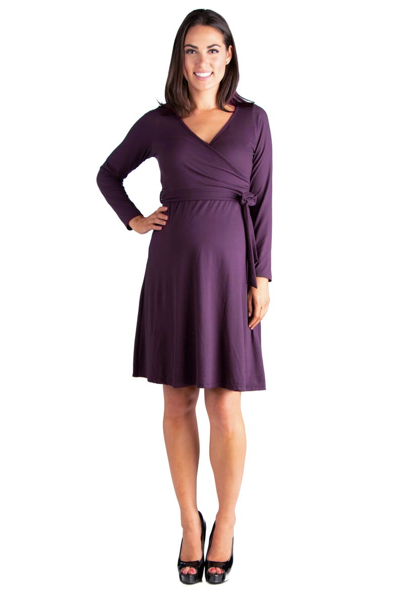 Chic V-neck Long Sleeve Belted Maternity Dress, Main, color, Purple