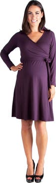 24seven Comfort Apparel Chic V-neck Long Sleeve Belted Maternity Dress