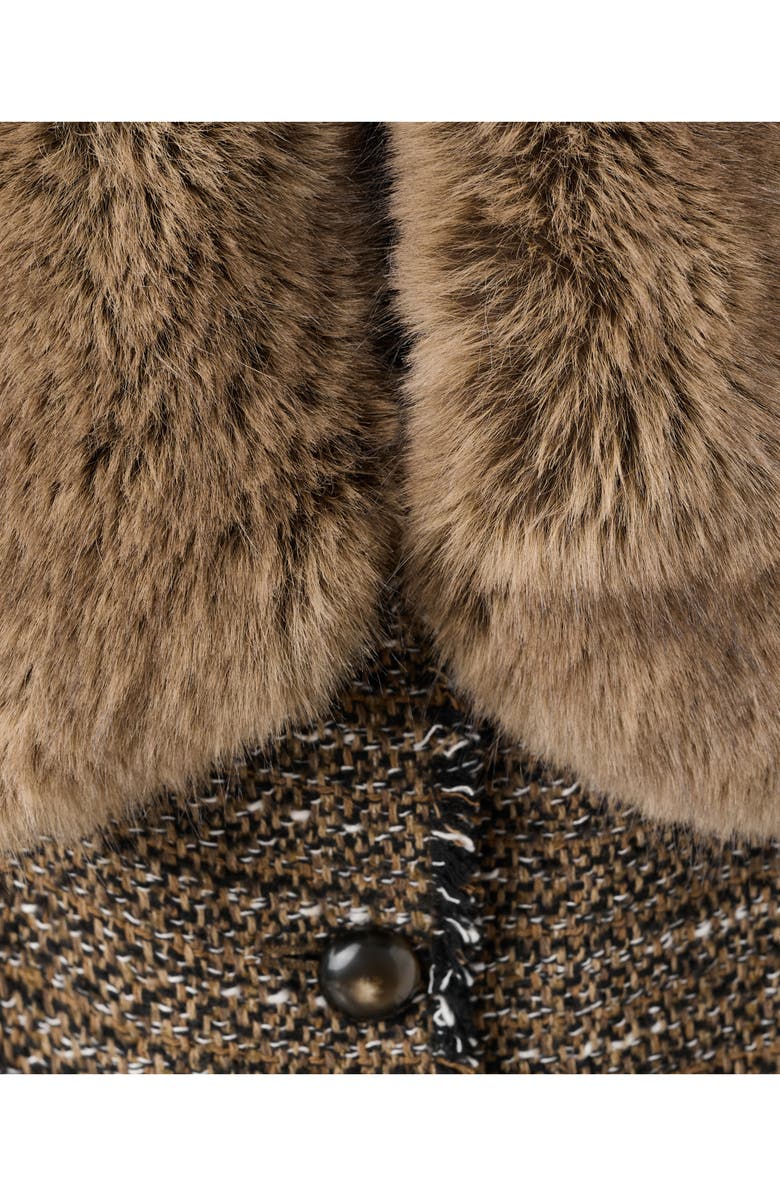 MANGO Fringe Tweed Jacket with Faux Fur, Alternate, color, Brown