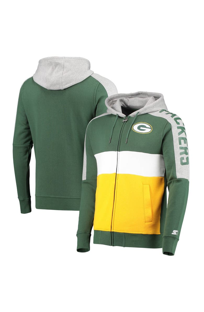 STARTER Men's Starter Green/Gold Green Bay Packers Playoffs Color Block Full-Zip Hoodie, Alternate, color, Green