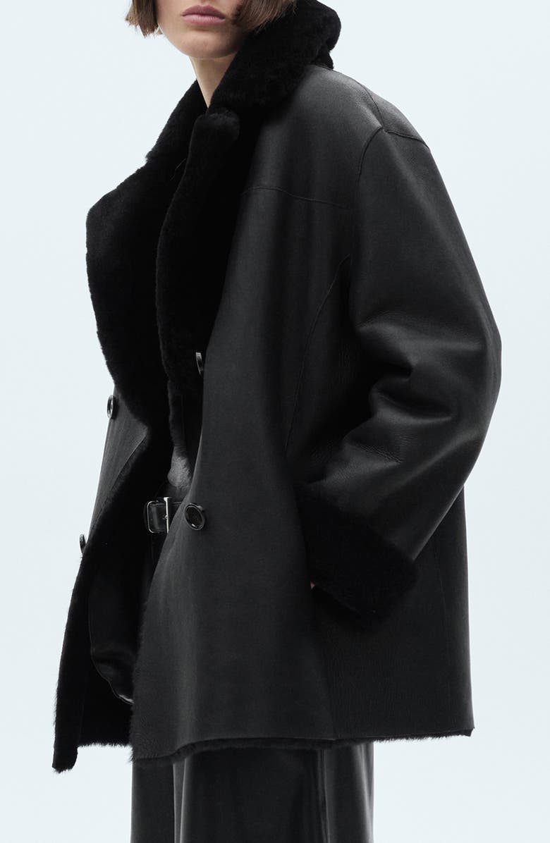 MANGO Faux Fur Collar Double Breasted Leather Jacket, Alternate, color, 