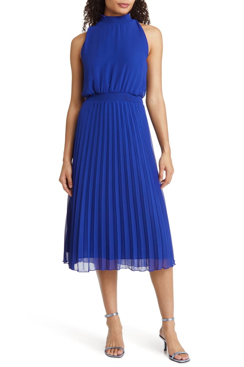 Smocked Plissé Midi Dress, Main, color, COBALT