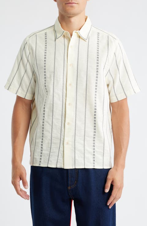Boxy Fit Stripe Short Sleeve Cotton Blend Button-Up Shirt