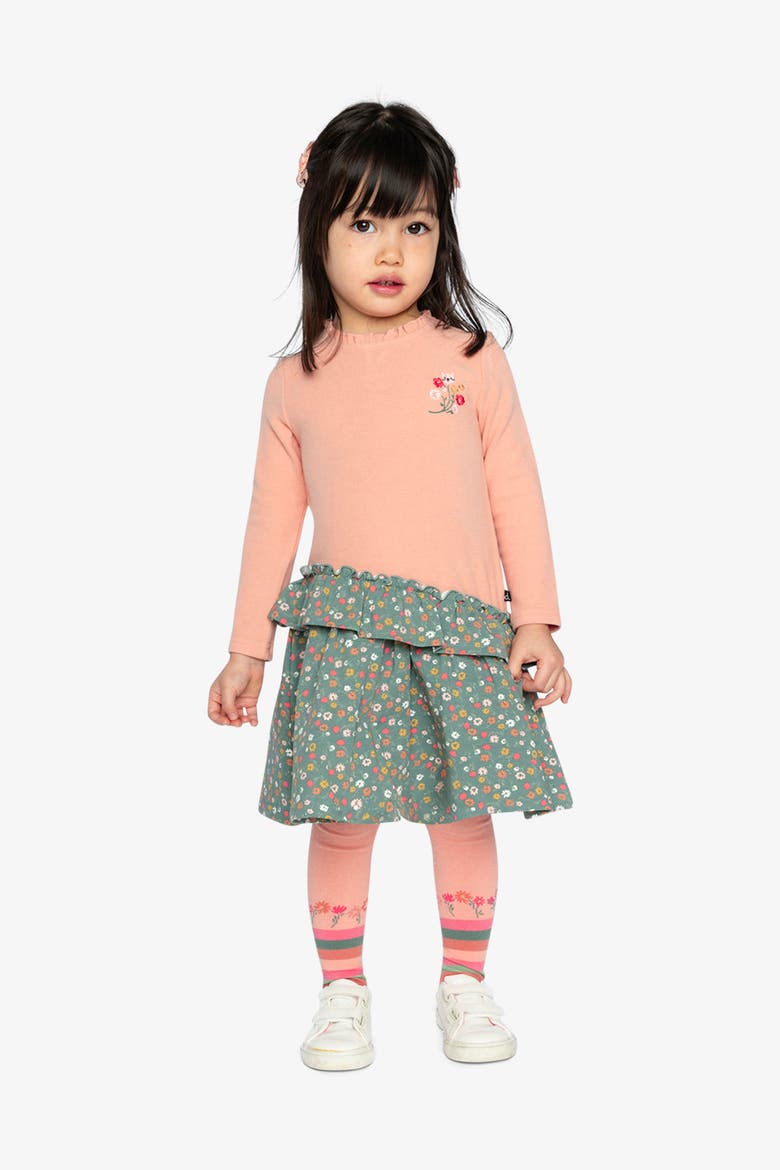 Bi-Material Ribbed Bodice Gathered Skirt Dress, Alternate, color, Pale Pink & Green Floral Print