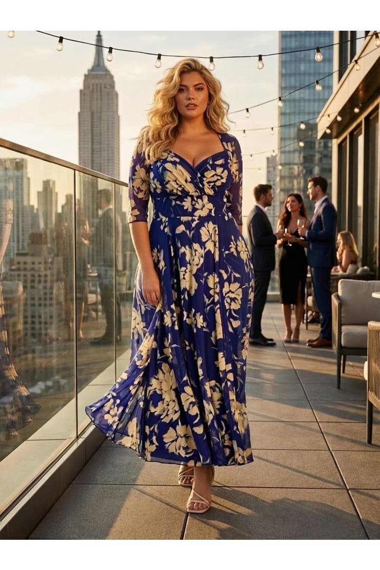 Elizabeth Floral Print Mesh Maxi Gown, Alternate, color, Vintage Indigo Cream