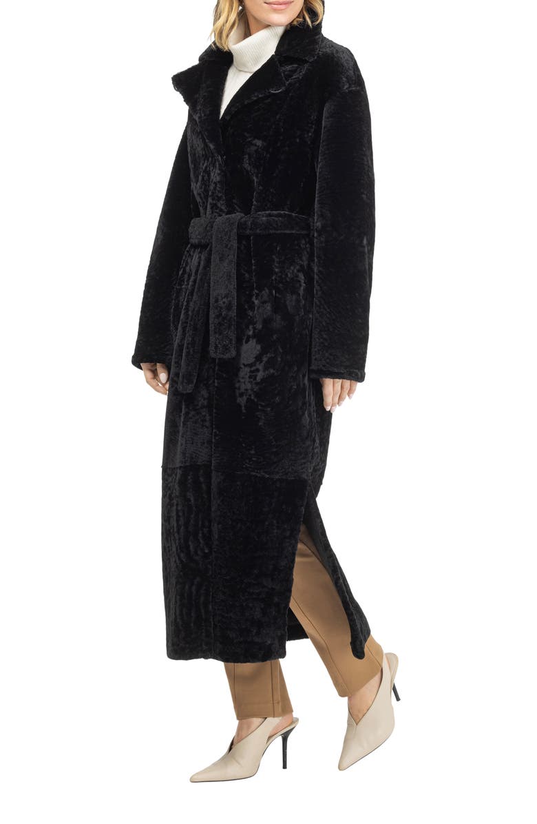 GORSKI Reversible Textured Genuine Shearling Coat with Side Slits, Belt, Alternate, color, Black/Black