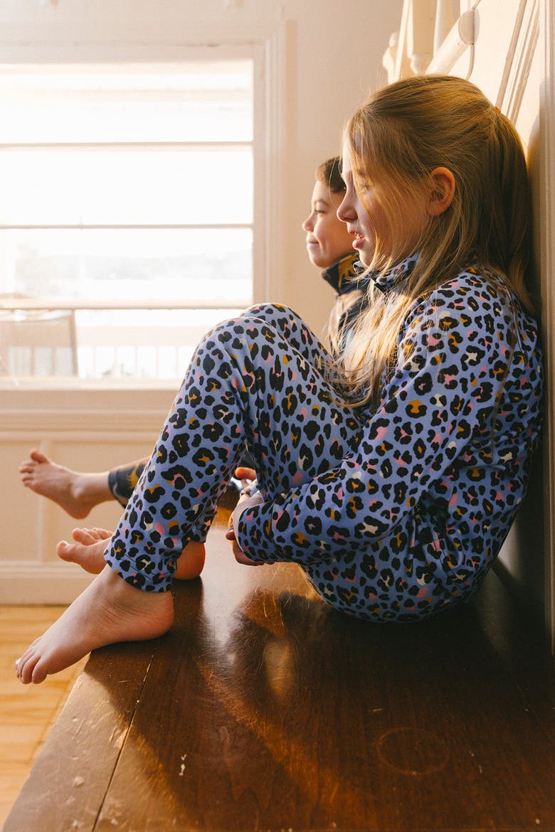 Two Piece Leopard Brushed Half-Zip Top & Pants Thermal Underwear, Alternate, color, Blue Leopard Print