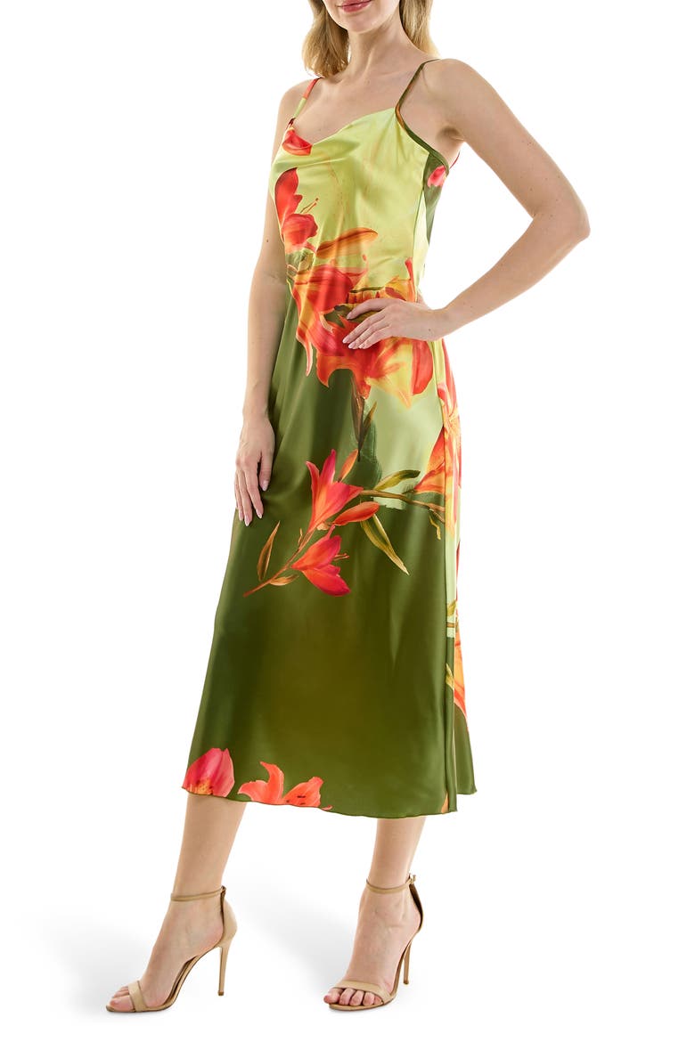 Floral Cowl Neck Satin Maxi Dress, Alternate, color, PINK/ OLIVE
