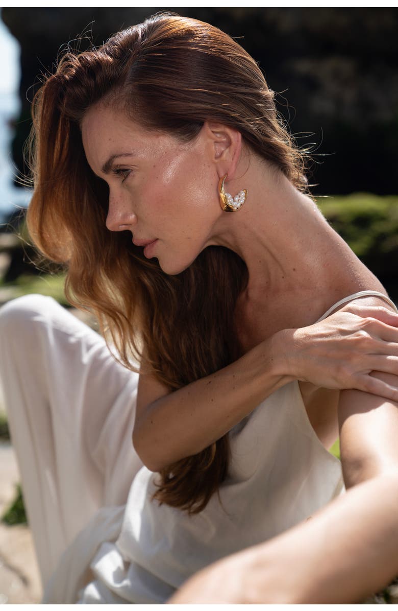 Classicharms Naomi Shell Pearl Cluster Molten Hoop Statement Earrings, Alternate, color, Gold