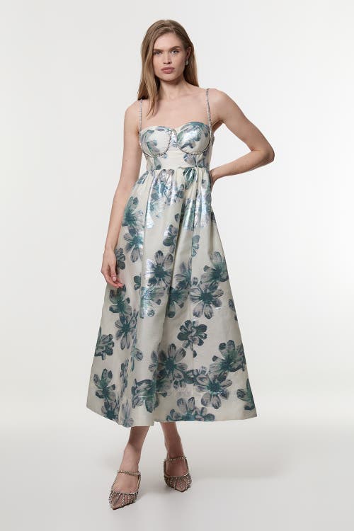 Karen Millen Metallic Jacquard Midi Dress In Blue