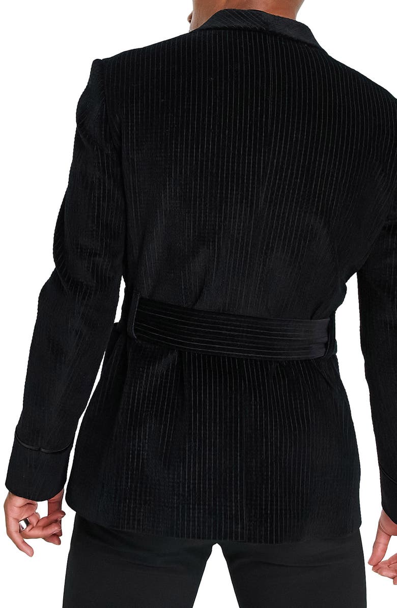 Topman Pinstripe Belted Velvet Suit Jacket, Alternate, color,