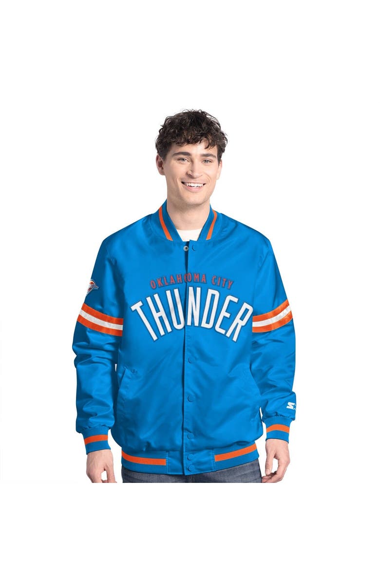 STARTER Men's Starter Blue/Orange Oklahoma City Thunder Scout Full Snap Varsity Jacket, Alternate, color, Blue