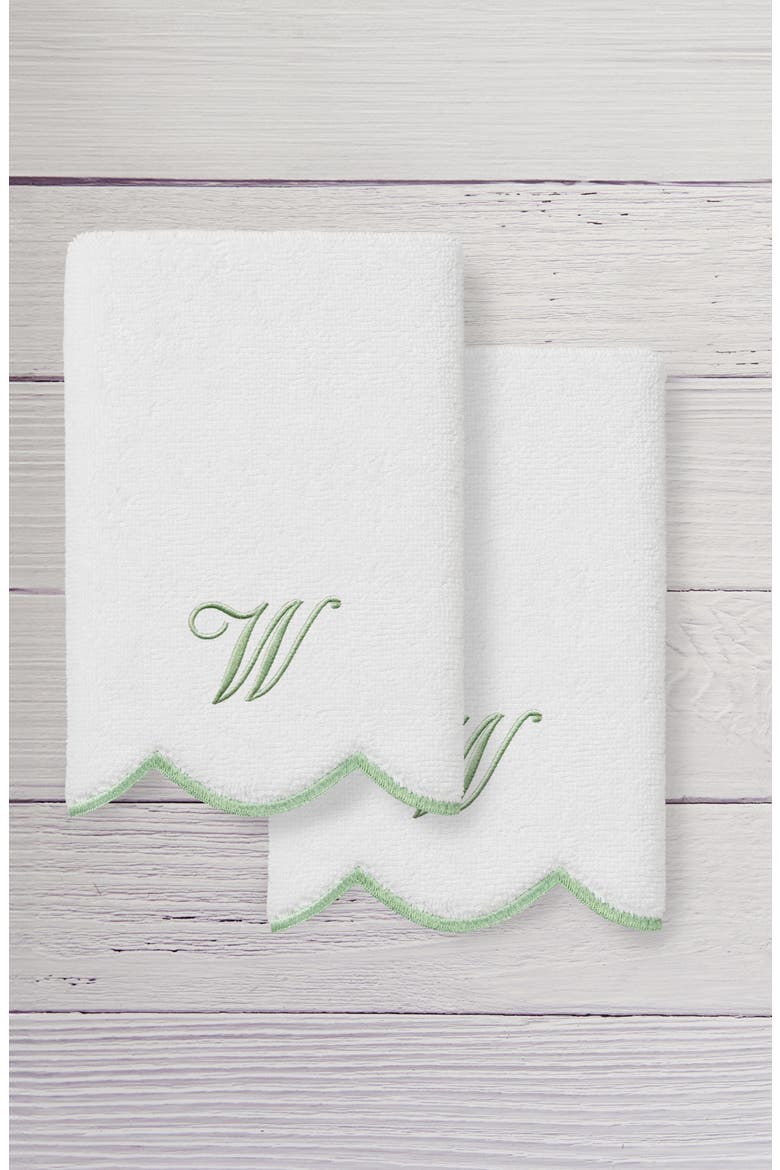 Adornia Scallop Personalized Monogram 2-Piece Washcloth Set, Alternate, color, WHITE/ GREEN W