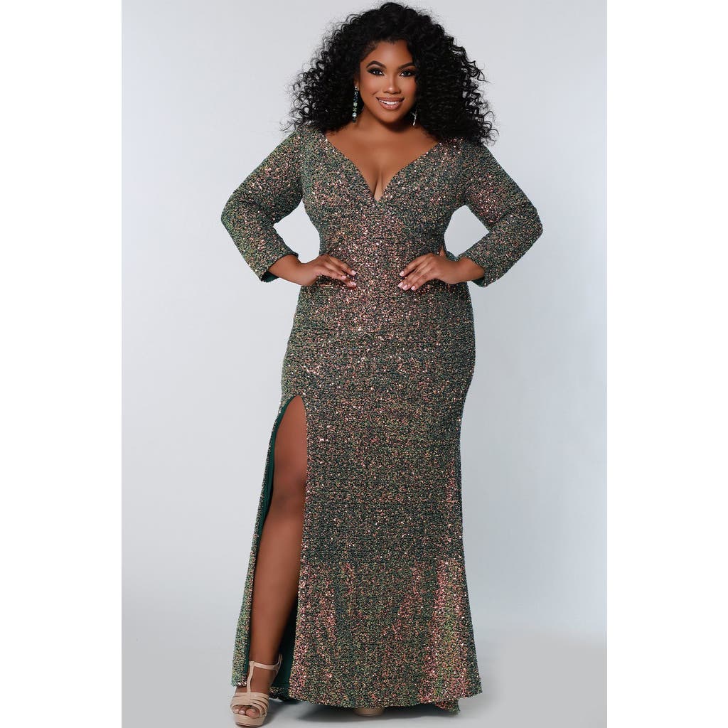 Sydney's Closet Fitted V-neck Multi-dimensional Sequin Long Sleeve Plus Size Gown In Green Surge
