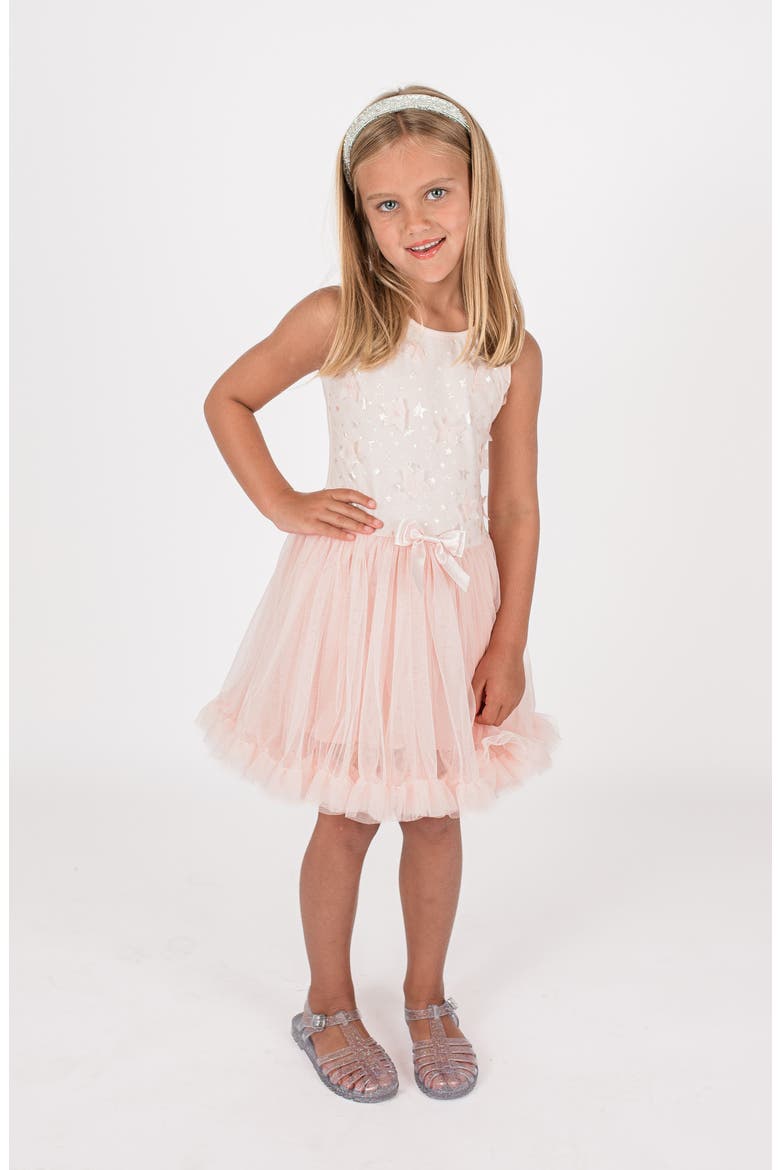 Kids' 3D Star Appliqué Tulle Party Dress, Alternate, color, PEACH