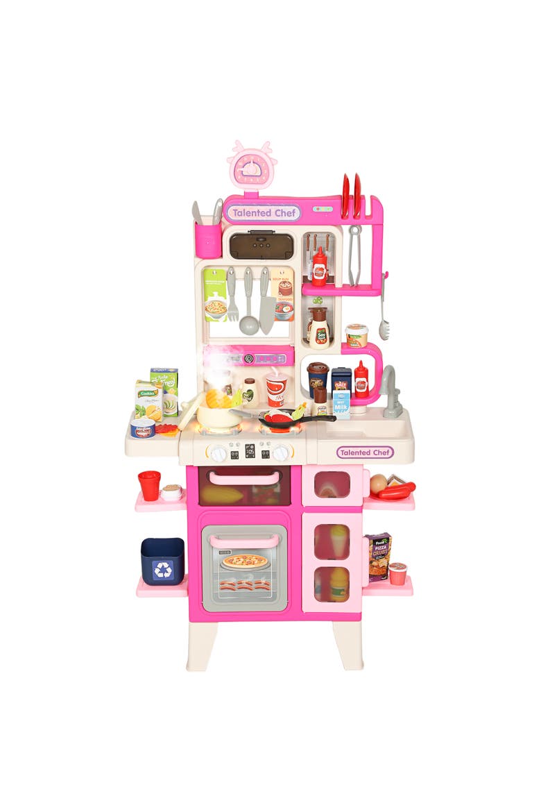 Kids Play Kitchen Toy Set, 104PCS Pretend Role Play Kitchen Playset for Toddlers, Realistic Lights & Sounds, Ages 3-6, Pink, Main, color, Pink