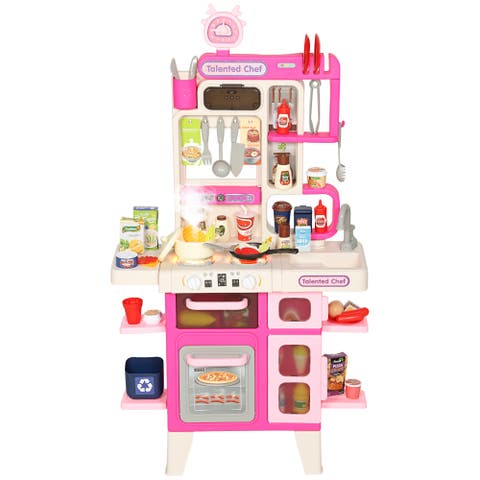 Kids Play Kitchen Toy Set, 104PCS Pretend Role Play Kitchen Playset for Toddlers, Realistic Lights & Sounds, Ages 3-6, Pink