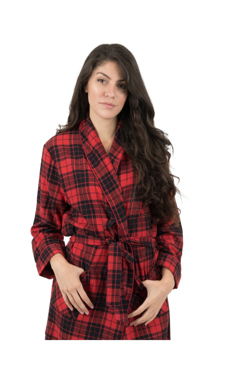 Women's Flannel Robe, 100% Cotton, Alternate, color, Plaid Black & Red
