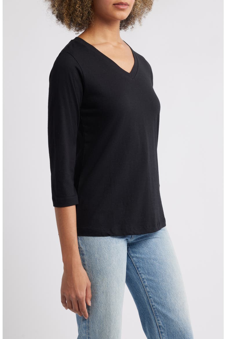 Three-Quarter Sleeve V-Neck T-Shirt, Alternate, color, BLACK