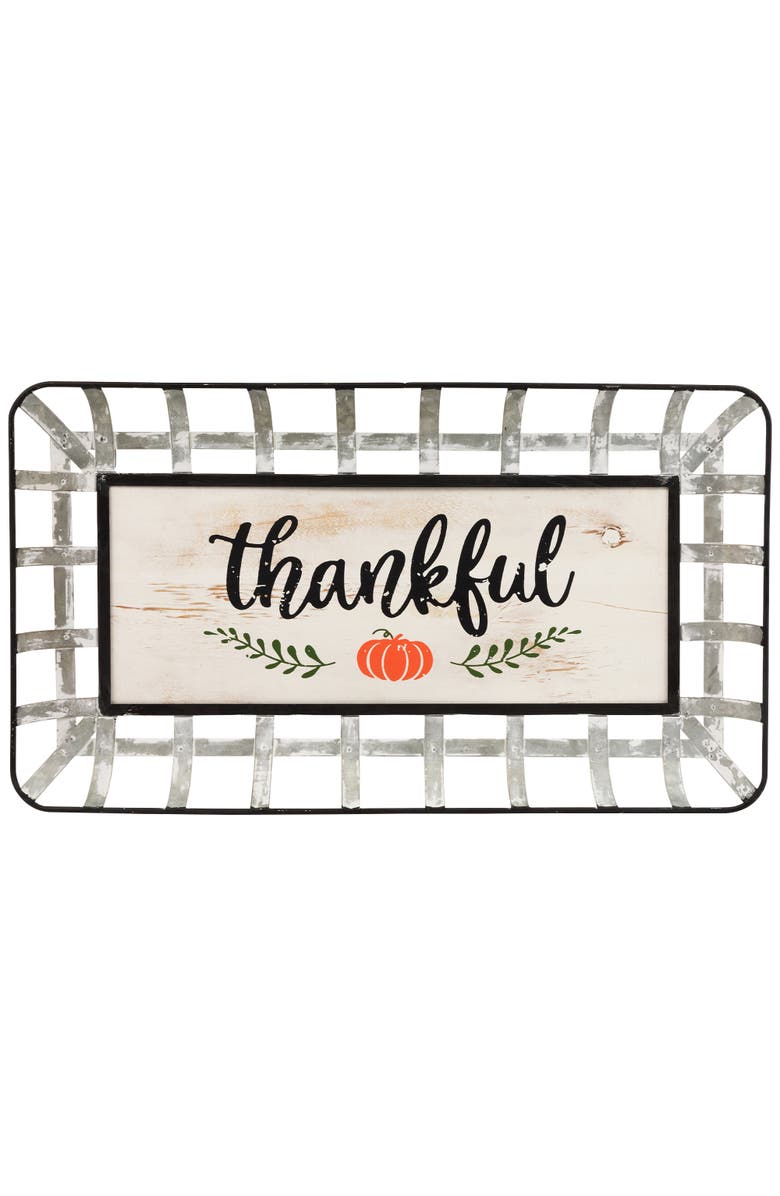 Northlight 24" Silver and White With a Pumpkin "Thankful" Rectangular Fall Serving Tray Sign, Main, color, Silver