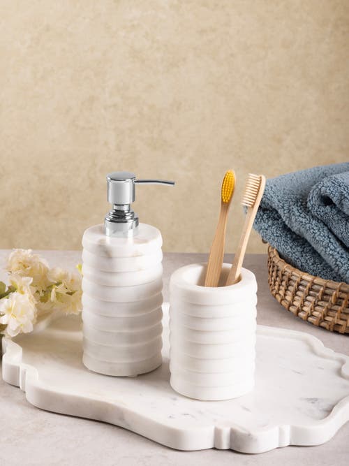 Gauri Kohli Raavi Marble Lotion Dispenser & Tumbler Set In White