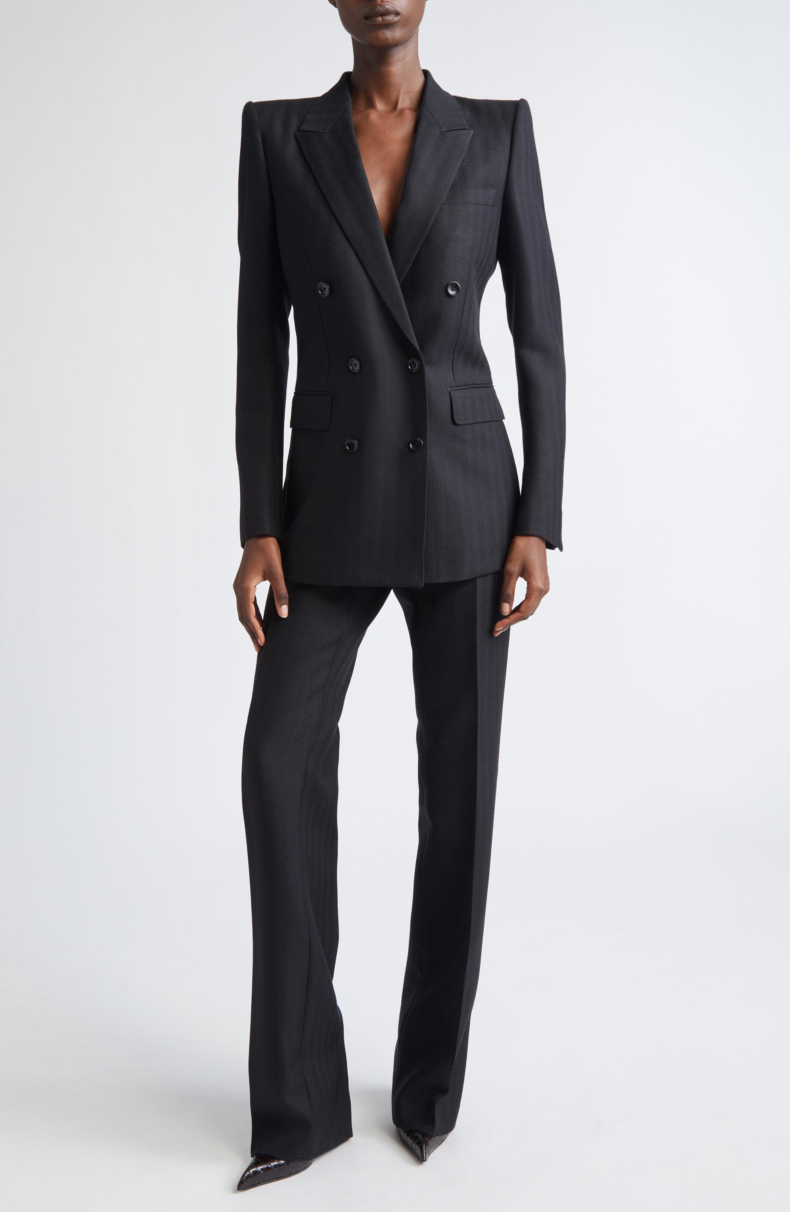 Sharp Herringbone Tailored Straight Leg Virgin Wool Trousers - image 2