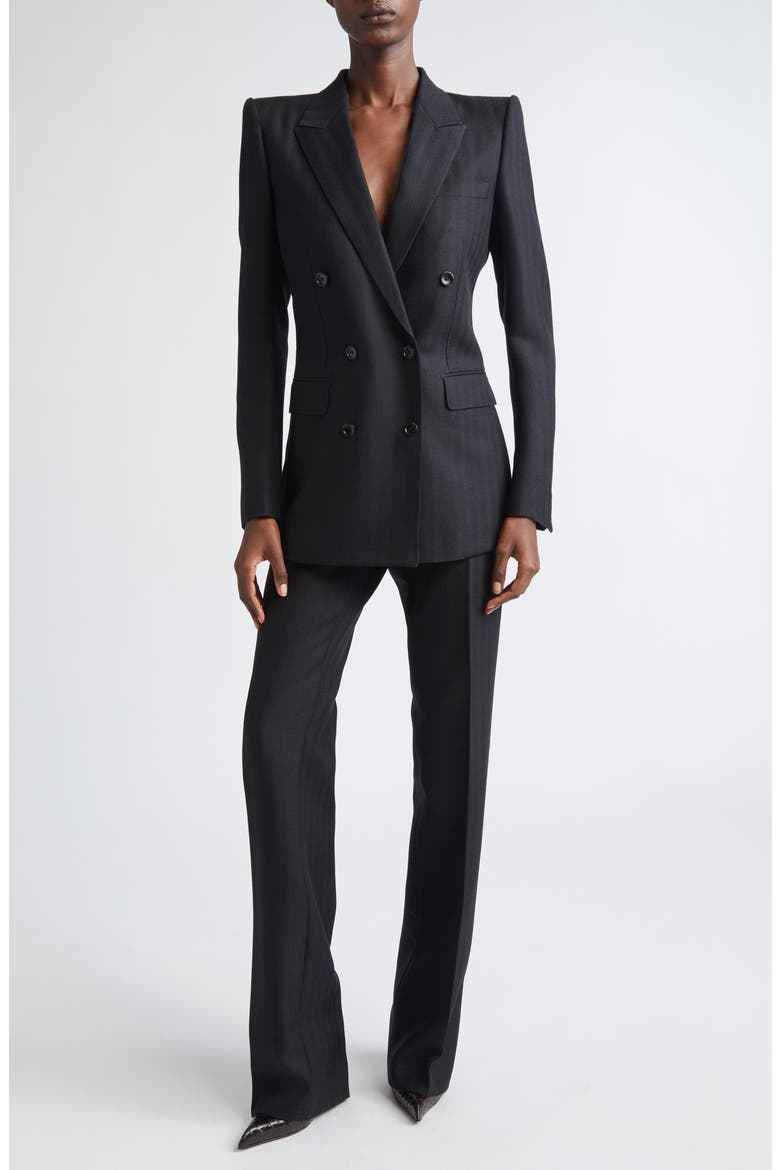 Sharp Herringbone Tailored Straight Leg Virgin Wool Trousers, Alternate, color, LB999 BLACK