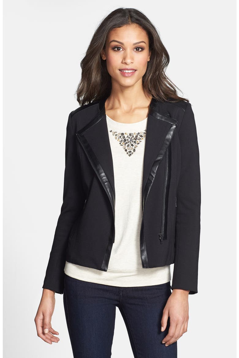Faux Leather Trim Ponte Knit Moto Jacket, Main, color, BLACK