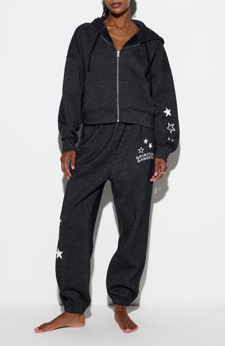 Spiritual Gangster Luna Shimmer Cotton Blend Zip Graphic Hoodie, Alternate, color, Black