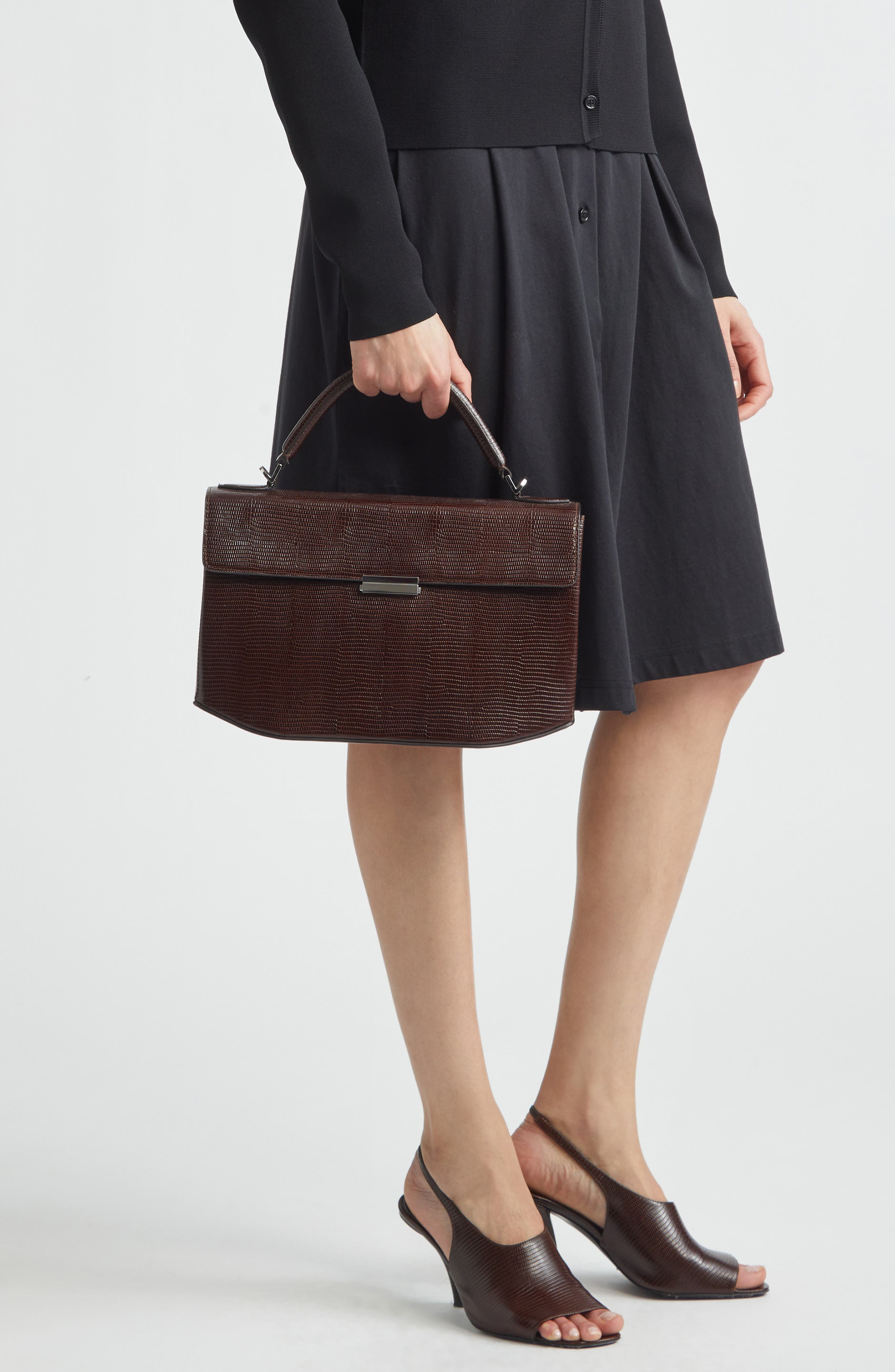 Clip Lizard Embossed Leather Top Handle Bag, Alternate, color, BROWN