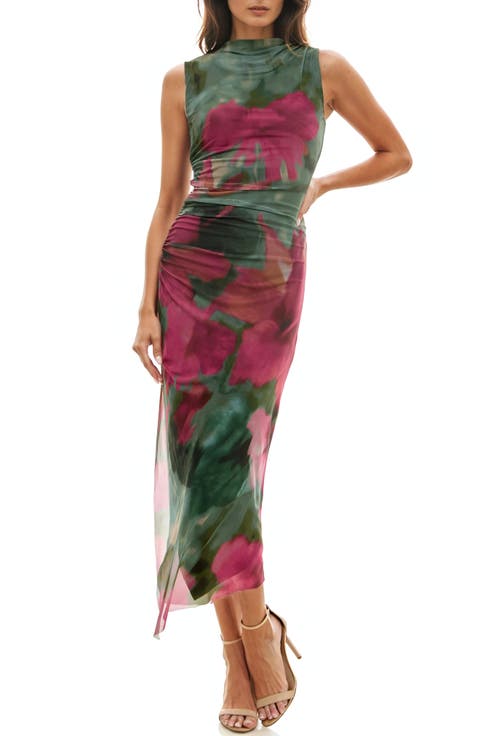 Floral Shirred Mesh Dress