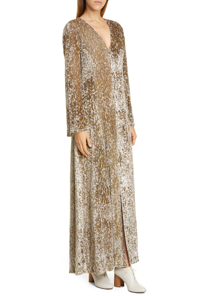 Belted Long Sleeve Metallic Velvet Gown, Alternate, color, GOLD
