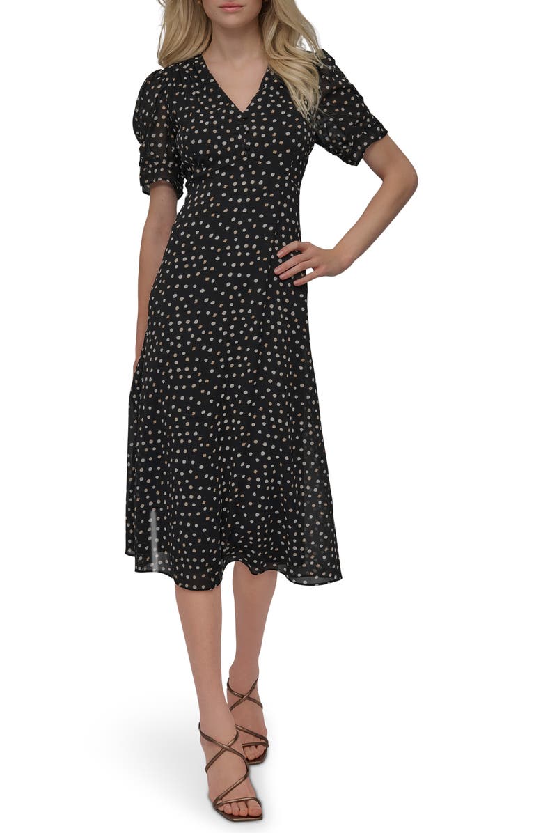 DKNY Polka Dot V-Neck Short Sleeve Fit & Flare Dress, Main, color, 