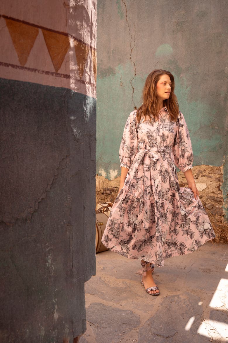 Printed Poplin Dress With Macrame Trim, Alternate, color, Powder Rose