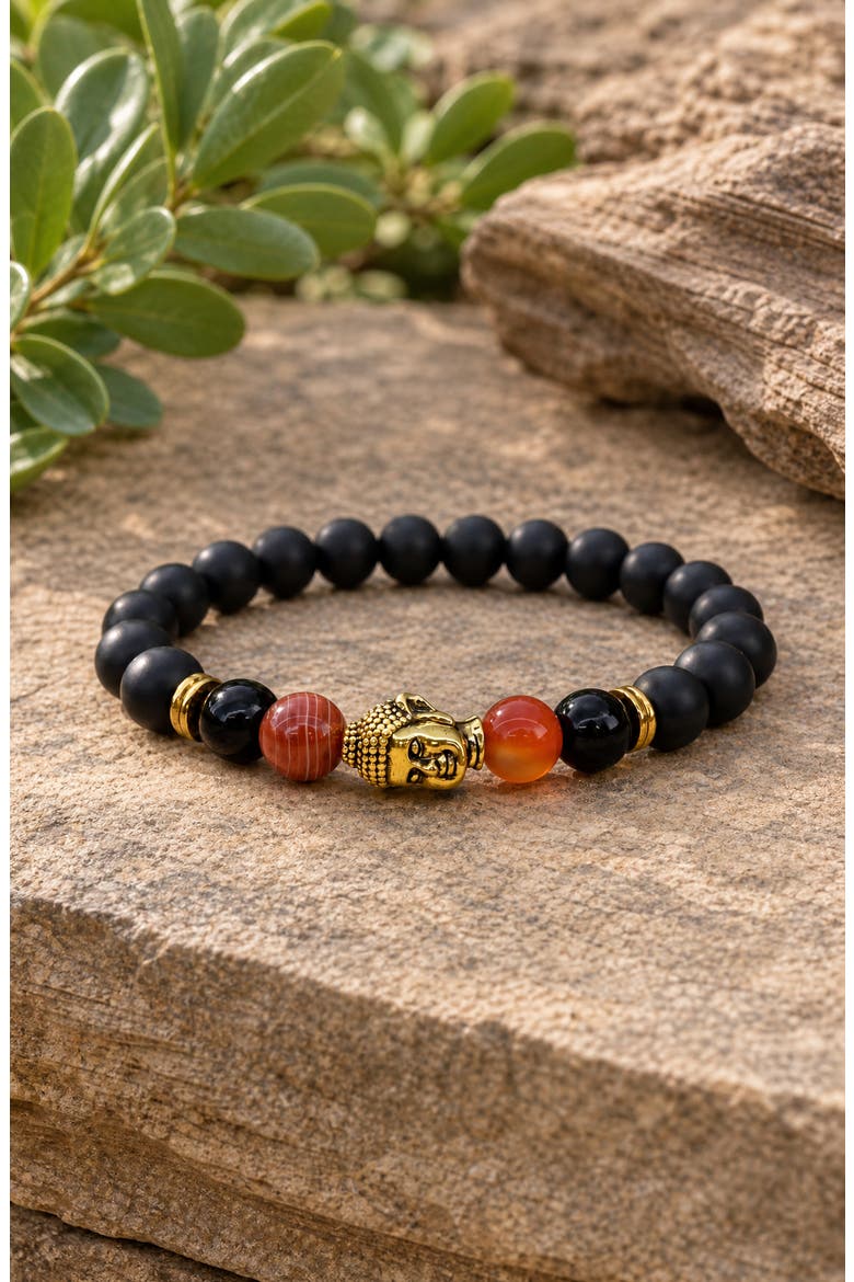 Buddha Obsidian Beaded Bracelet, Alternate, color, Carnelian / Gold Tone