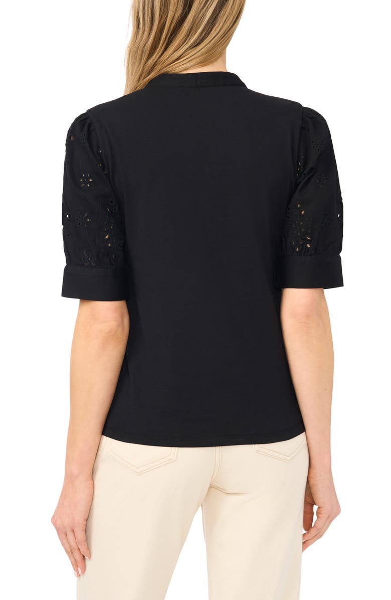 CeCe Puff Sleeve Mixed Media Cotton Top, Alternate, color, Rich Black