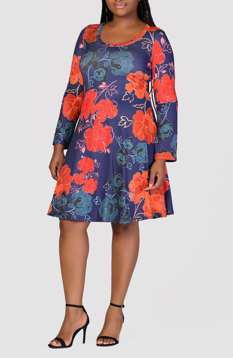 24seven Comfort Apparel Floral Long Sleeve Jersey Fit & Flare Dress, Alternate, color, 