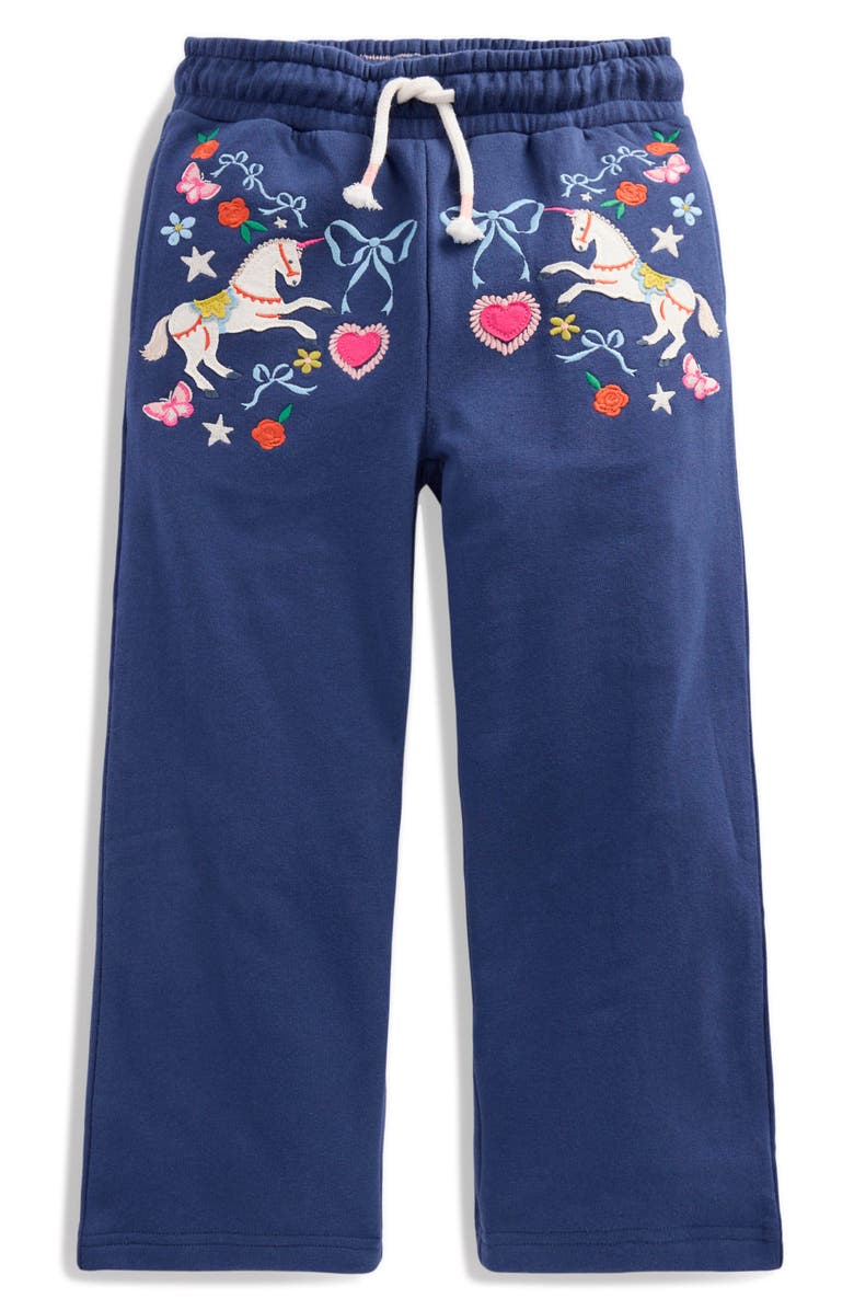 Mini Boden Kids' Bobbie Appliqué Wide Leg Sweatpants, Main, color, Navy Unicorns