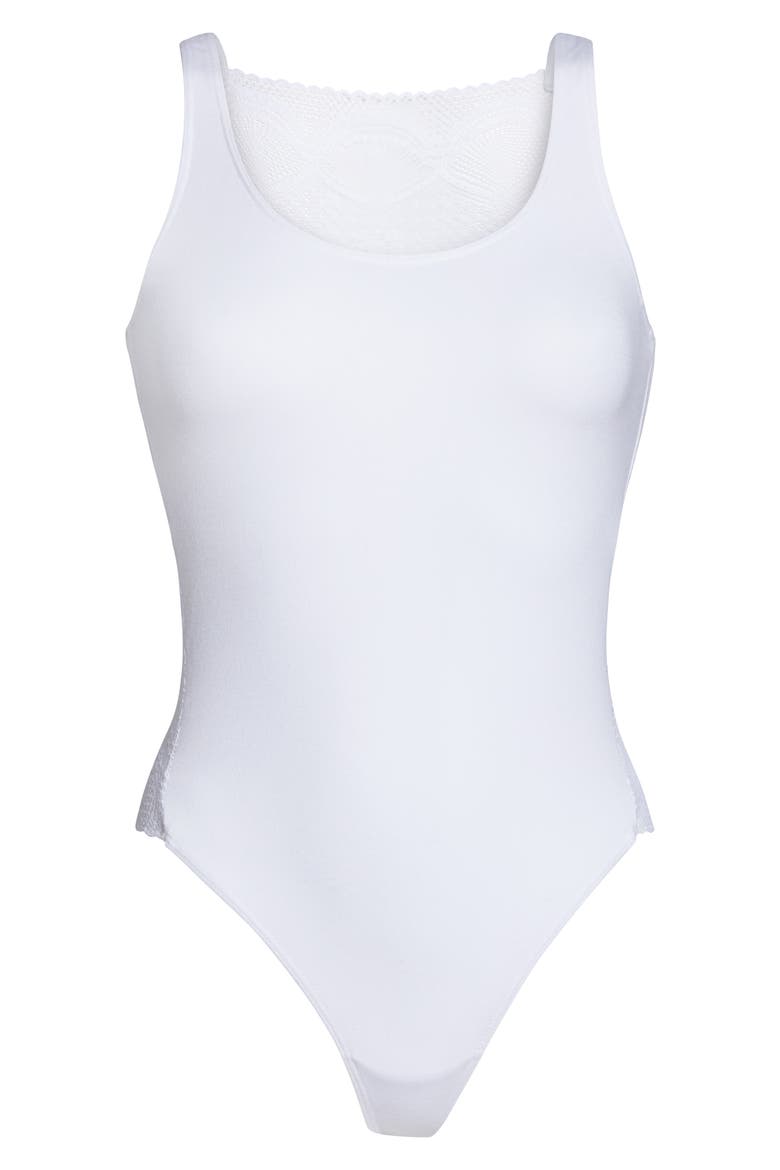 Lace Cutout Thong Bodysuit, Alternate, color, WHITE