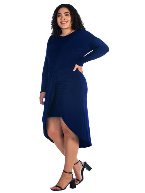 24seven Comfort Apparel Long Sleeve Dressy Tulip Skirt Knee Length Dress In Blue