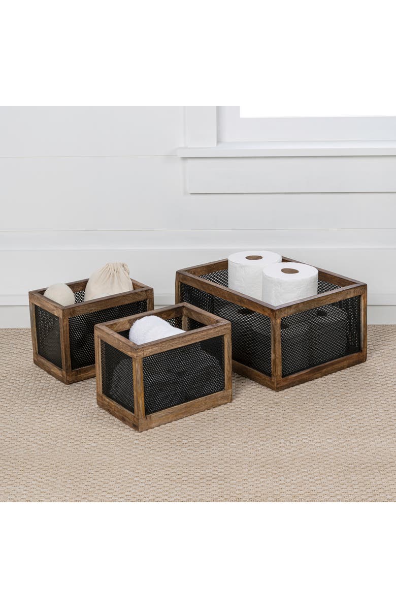 HAPPIMESS Fallon Modern Minimalist Handmade Wooden Metal Nesting Storage Baskets, Alternate, color, Black/Natural