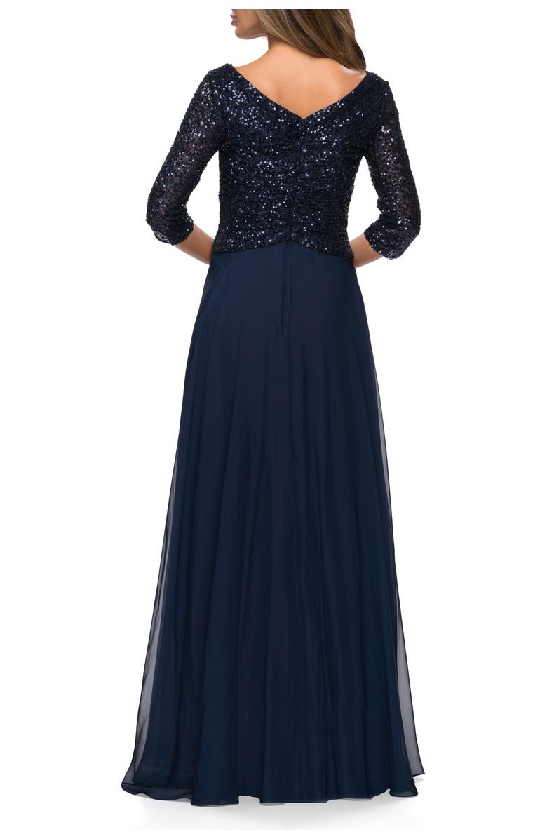 La Femme Long Chiffon Evening Gown with Sequined Bodice, Alternate, color, Navy