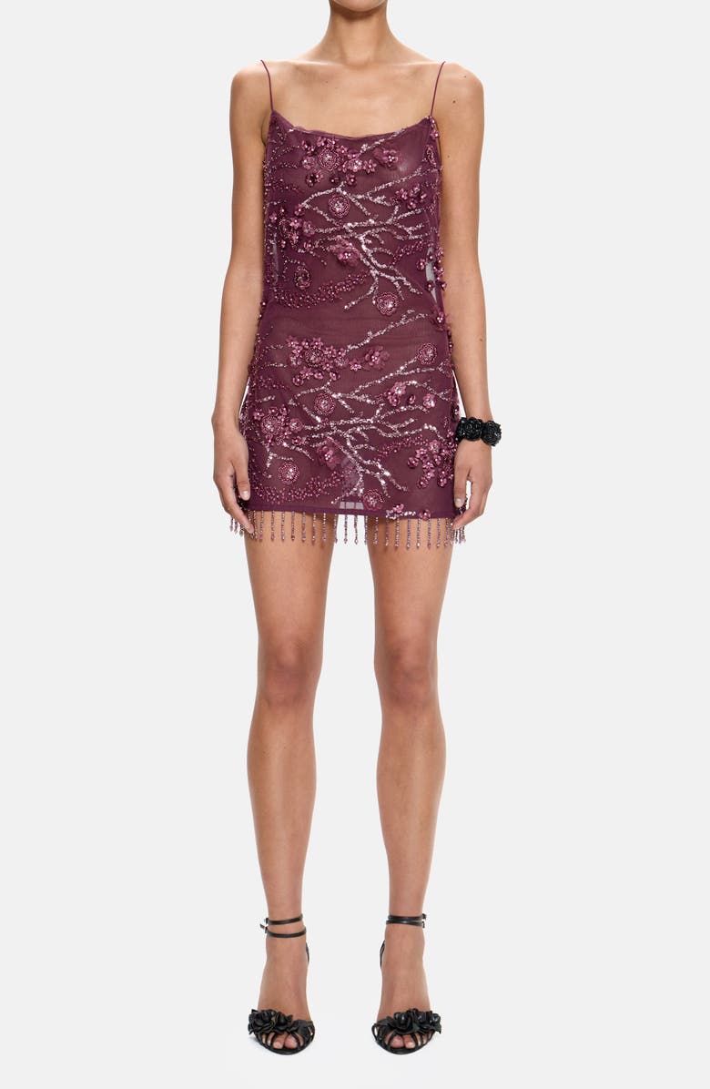JADED LONDON Ellora Embellished Fringe Open Back Mesh Minidress, Main, color, Burgundy