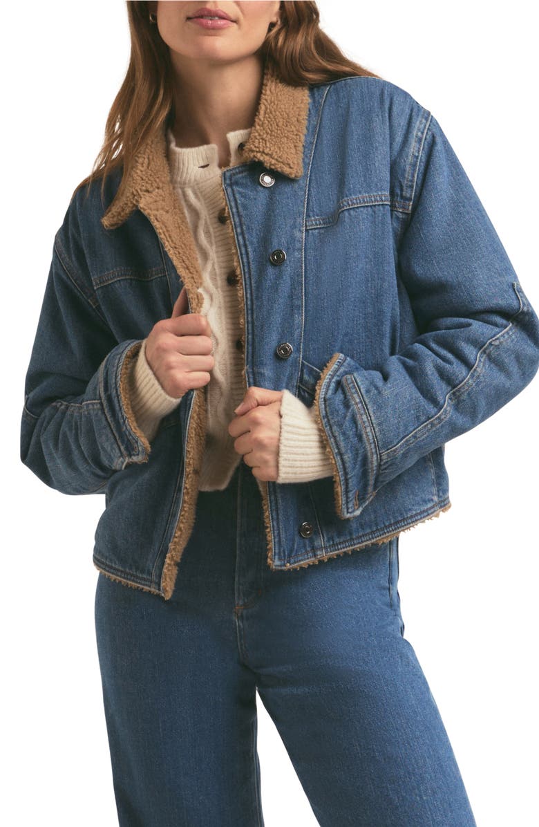 Favorite Daughter The Bridget Denim Trucker Jacket with Faux Shearling Lining, Main, color, 