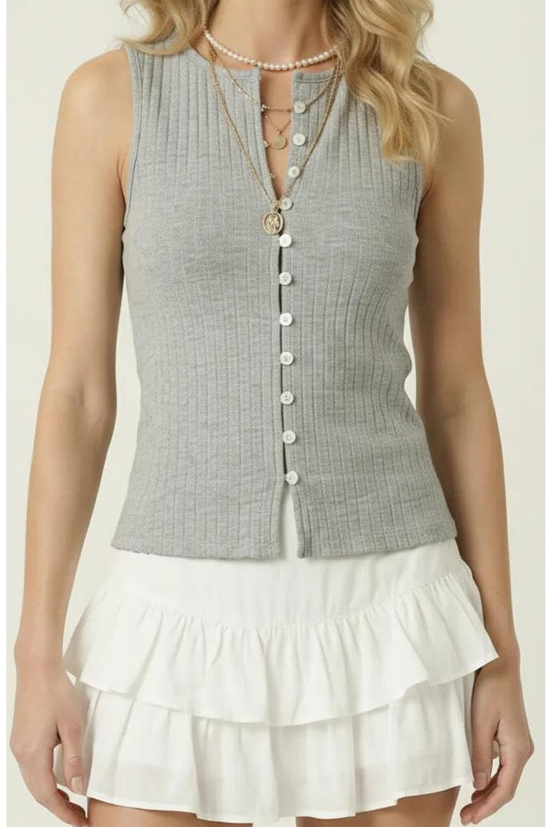 Sleeveless Ribbed Knit Top with Off-Center Button Front Detail, Main, color, Gray