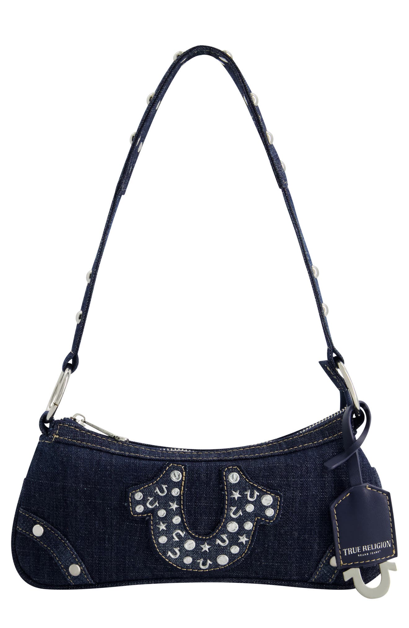 Studded Horseshoe Denim shoulder bag, Main, color, DENIM