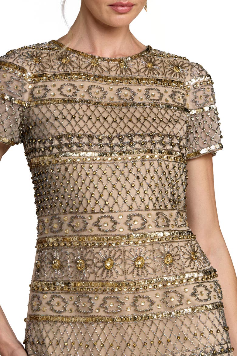 Short Sleeve Embelleshed Mesh Mini Dress, Alternate, color, Nude Gold