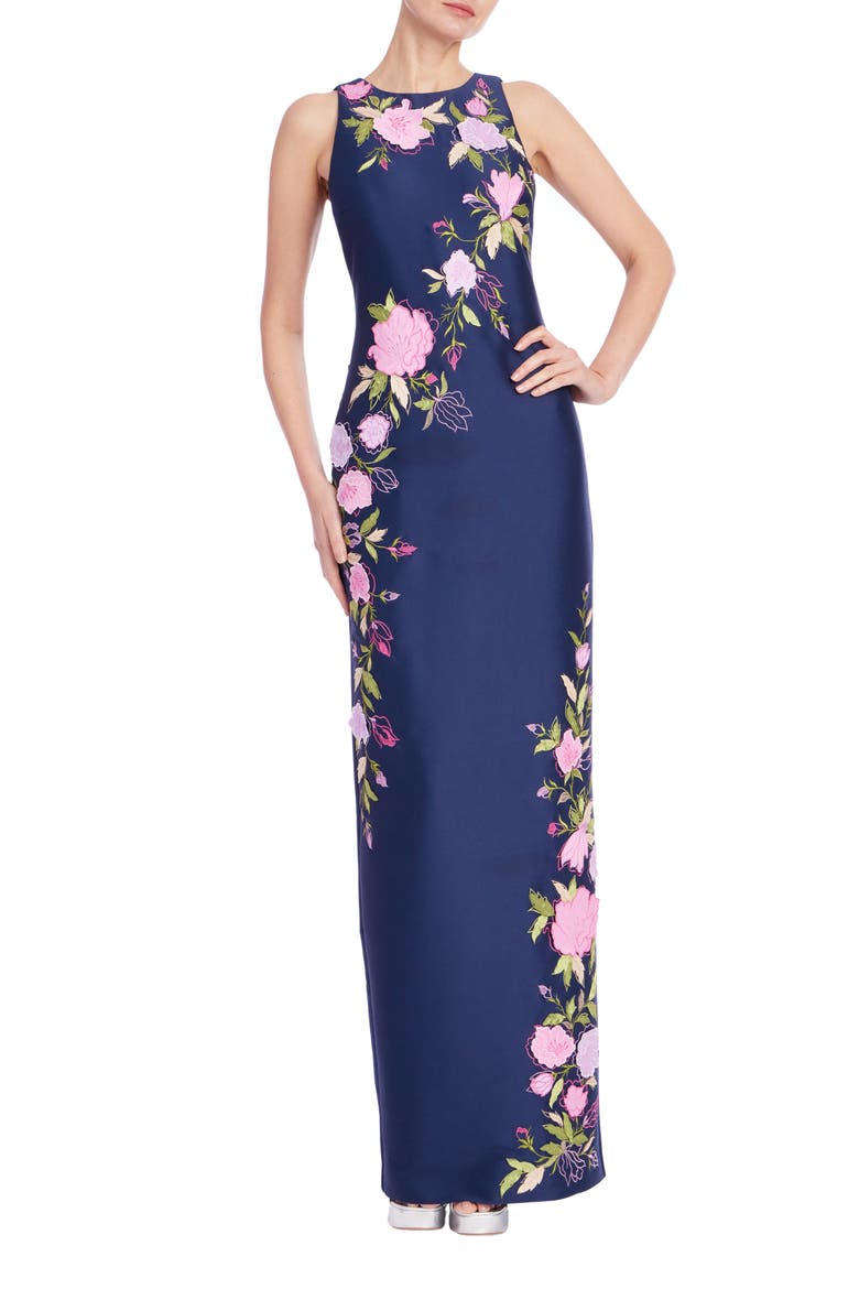 Floral Embroidered Column Gown, Main, color, NAVY