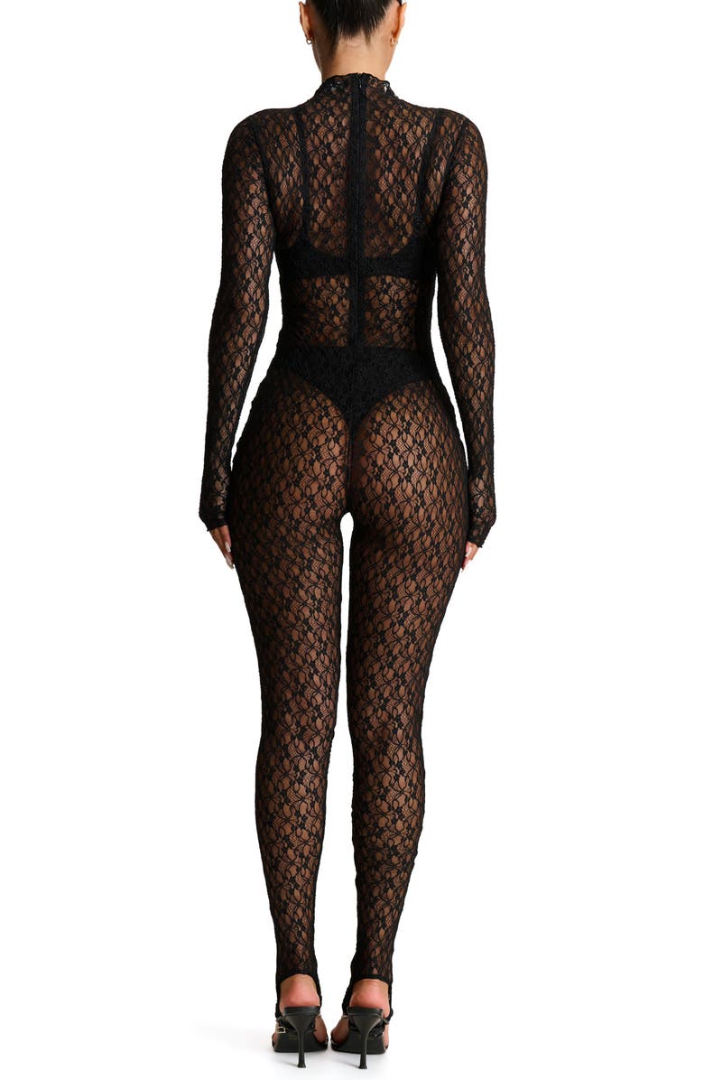Naked Wardrobe Sheer Lace Long Sleeve Stirrup Jumpsuit, Alternate, color, Black